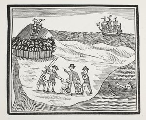 Landing van muitende bemanning op eiland, illustratie uit Chap-books van de achttiende eeuw door John Ashton, uitgegeven 1882 door English School