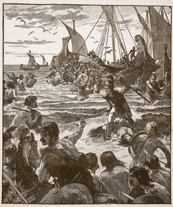 Landing van de Romeinen aan de kust van Kent, illustratie uit Cassells Illustrated History of England door English School