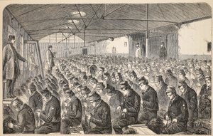 Grote Oakum-kamer (onder het Silent System) in het Middlesex House of Correction, Coldbath Fields, illustratie uit The Criminal Prisons of London and Scenes from Prison Life door Henry Mayhew en John Binny, uitgegeven in 1862