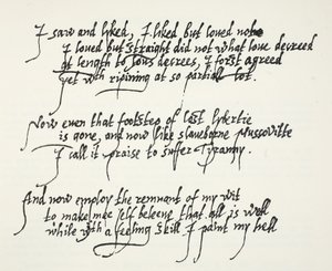 Laatste tien regels van Sir Philip Sidneys Astrophel sonnet die beschrijven hoe hij geleidelijk, en te laat, zijn eigen gevoelens over Stella realiseerde door English School