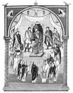 Karel de Kale, Koning van Frankrijk (823-77) op de troon, in opdracht van Abt Vivian van het klooster van St. Martin in Tours, uit de Eerste Bijbel van Karel de Kale, 843-51, illustratie door English School