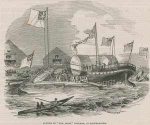 Te water laten van de Ariel stoomboot in Rotherhithe door English School