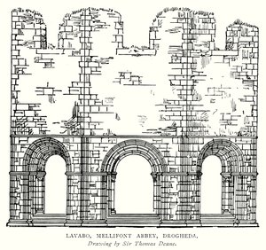 Wastafel, Mellifont Abbey, Drogheda (gravure) door English School