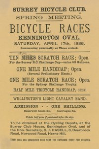 Folder die fietswedstrijden bij Kennington Oval, 17 april 1886 adverteert door English School