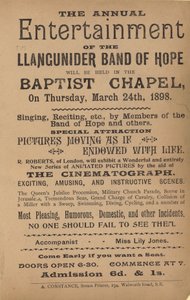 Folder die het jaarlijkse Entertainment van de Llangunider Band of Hope adverteert door English School