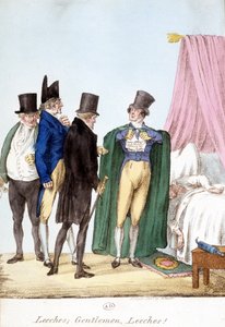 Bloedzuigers, heren, bloedzuigers: Engelse humoristische tekening van een zelfverzekerde dokter, met een zieke patiënt