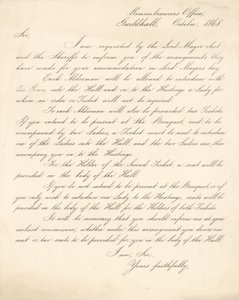 Brief met details over de regelingen voor een banket in de Guildhall, Londen, op 9 november 1868