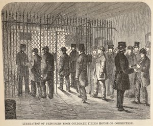 Bevrijding van gevangenen uit Coldbath Fields House of Correction, illustratie uit The Criminal Prisons of London and Scenes from Prison Life door Henry Mayhew en John Binny, uitgegeven in 1862 door English School