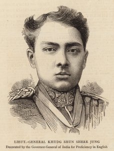Luitenant-generaal Khudg Shun Shere Jung (gravure) door English School