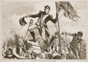 Luitenant Graham plant de standaard, illustratie uit Cassells Geïllustreerde Geschiedenis van India door James Grant, uitgegeven 1879