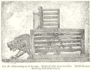 Leeuw komt uit zijn kooi (gravure) door English School