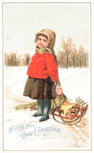 Klein meisje staat bij een slee, Kerstkaart