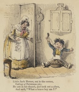Kleine Jack Horner, zat in de hoek, At een kersttaart, Hij stak zijn duim erin, en haalde een pruim eruit, En zei: "Wat een dappere jongen ben ik!" (gekleurde gravure)