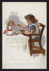 Klein meisje speelt met het voeden van haar pop, kerstkaart, eind 19e of begin 20e eeuw door English School