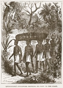 Livingstones volgelingen brengen zijn lichaam naar de kust, illustratie uit The Pictorial Edition of the Life and Discoveries of David Livingstone door J. Ewing Richie, uitgegeven door A. Fullarton & Co., 1876 door English School