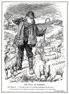 Lloyd George als de herder van Groot-Brittannië vraagt de belastingbetalers (schapen) om het herstel van de economie te leiden, december 1920