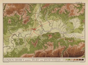 Londens district met reliëf- en riviersystemen (kleur litho)