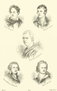 Lord Byron, Robert Burns, Sir Walter Scott, Richard Brinsley Sheridan, John Wilson door English School