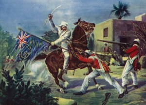 Lord Roberts vecht tegen twee sepoys over de Britse standaard bij Khudaganj, waarvoor hij het Victoria Cross ontving tijdens de Indiase opstand