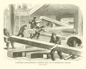 Lumpers lossen houtschip in handelsdokken (gravure) door English School
