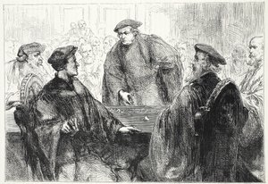 Luther en Zwingle discussiëren in Marburg, illustratie uit De Geschiedenis van het Protestantisme door James Aitken Wylie, 1878 door English School