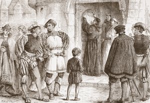 Luther die zijn stellingen aan de deur van de Schloss-Kerk in Wittenberg spijkert, illustratie uit The History of Protestantism door James Aitken Wylie (1808-1890), gepubliceerd 1878 door English School