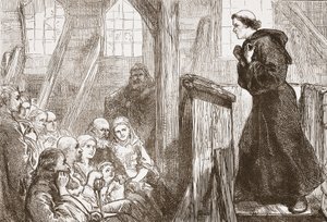 Luther predikend in de oude houten kerk in Wittenberg, illustratie uit The History of Protestantism door James Aitken Wylie (1808-1890), gepubliceerd 1878