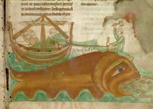 MS.254.f33r Een walvis met een zeeman die een paal in zijn hoofd slaat, detail uit een Engels Bestiarium, begin 13e eeuw (perkament)