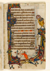 MS 1-2005, fol. 133r: Een boogschutter en St. Johannes de Doper, marginaal decor uit de Macclesfield Psalter, Gebruik van Sarum, Oost-Anglia, c.1330 door English School