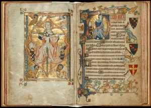 MS 242 f. 28v-29r De Troon van Genade met beschermheren, Christus zegent met een beschermheer, ca. 1314-30 door English School