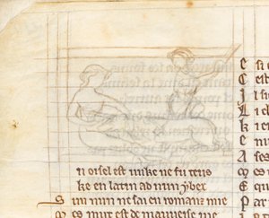 MS McClean 123 f.40v Ondertekening voor een miniatuur die een jager toont die een eenhoorn vangt die naakt in de schoot van een maagd ligt, uit 