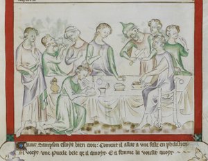 MS Royal 2 BVII, f.43 Ontmoeting van Samson en Delila op een Filistijns feest, detail uit 