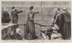 Madame Patti die Meedoet aan het Koor van het Welshe Lied "O Land van Mijn Vaders" op de Royal National Eisteddfod, Brecon, Wales (gravure) door English School