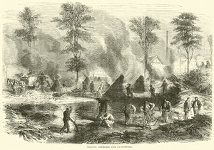 Houtskool maken voor buskruit, oktober 1870 door English School