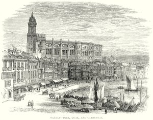 Malaga - Haven, kade en kathedraal (gravure) door English School