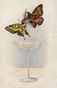 Man en vrouw, als vlinders, zwevend boven een glas champagne door English School