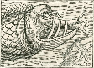 Man die wordt opgegeten door een zeeslang. Illustratie gevonden in de marge van een kaart gemaakt door Olaus Magnus door English School