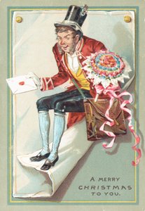 Man bezorgt brief en bloemen, Kerstkaart door English School