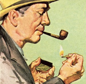 Man die een lucifer aansteekt om een pijp aan te steken