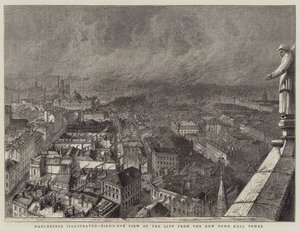 Manchester geïllustreerd, vogelvlucht van de stad vanaf de nieuwe stadhuis toren door English School