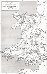 Kaart die de Welshe oorlogen van Willem Rufus en Hendrik I illustreert, uit 