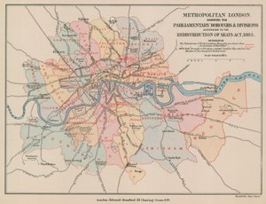 Kaart van Metropolitaan Londen met de Parlementaire Boroughs en Divisies, 1885