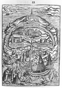 Kaart van het Eiland Utopia, Boek frontispice, 1563