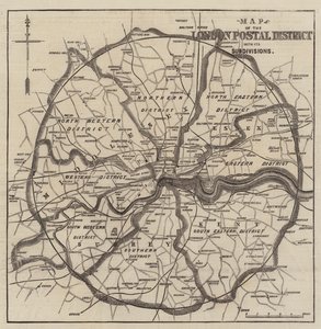 Kaart van de Londense postdistricten (gravure) door English School
