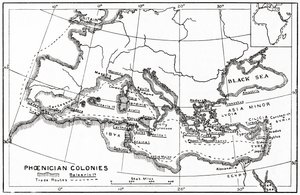 Kaart van de Fenicische koloniën en hun mediterrane handelsroutes door English School