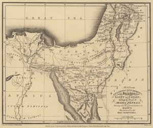 Kaart van de reizen en kampen van de Israëlieten van Egypte naar Kanaän, door de woestijn (gravure)