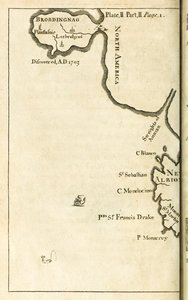 Kaart met de locatie van Brobdingnag uit de eerste editie van Reizen naar verschillende afgelegen landen van de wereld, beter bekend als Gullivers Reizen door Jonathan Swift door English School