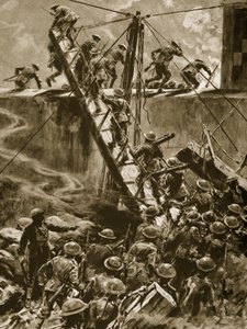 Mariniers en matrozen springen op in de gangboorden van H.M.S. Vindictive door English School