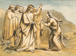 Martha ontmoet Jezus na de dood van Lazarus (gekleurde gravure) door English School