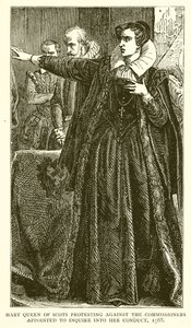 Mary Queen of Scots protesteert tegen de commissarissen die zijn aangesteld om haar gedrag te onderzoeken, 1568 door English School